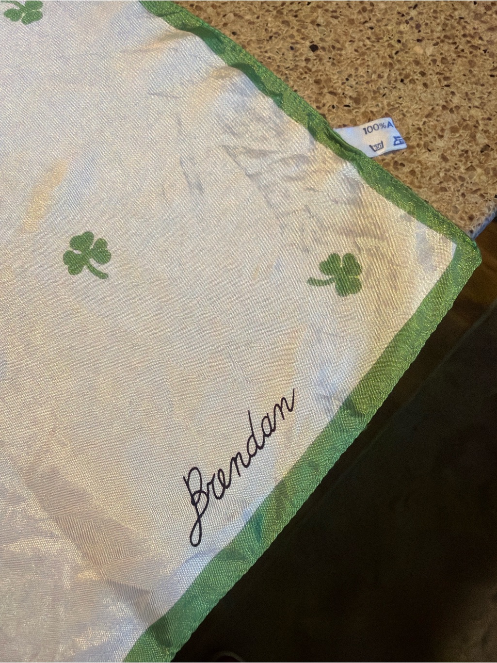 White Silk Scarf With Green Clover Print